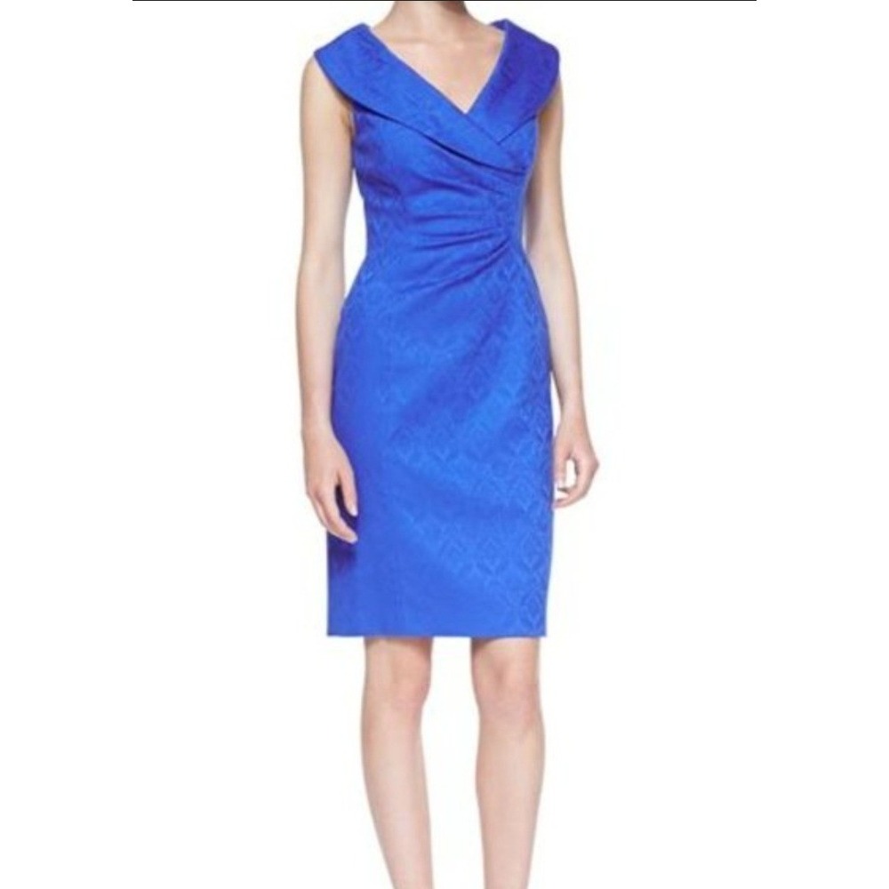 Kay Unger Royal Blue Textured Jacquard Portrait Collar Sheath Dress Size 10